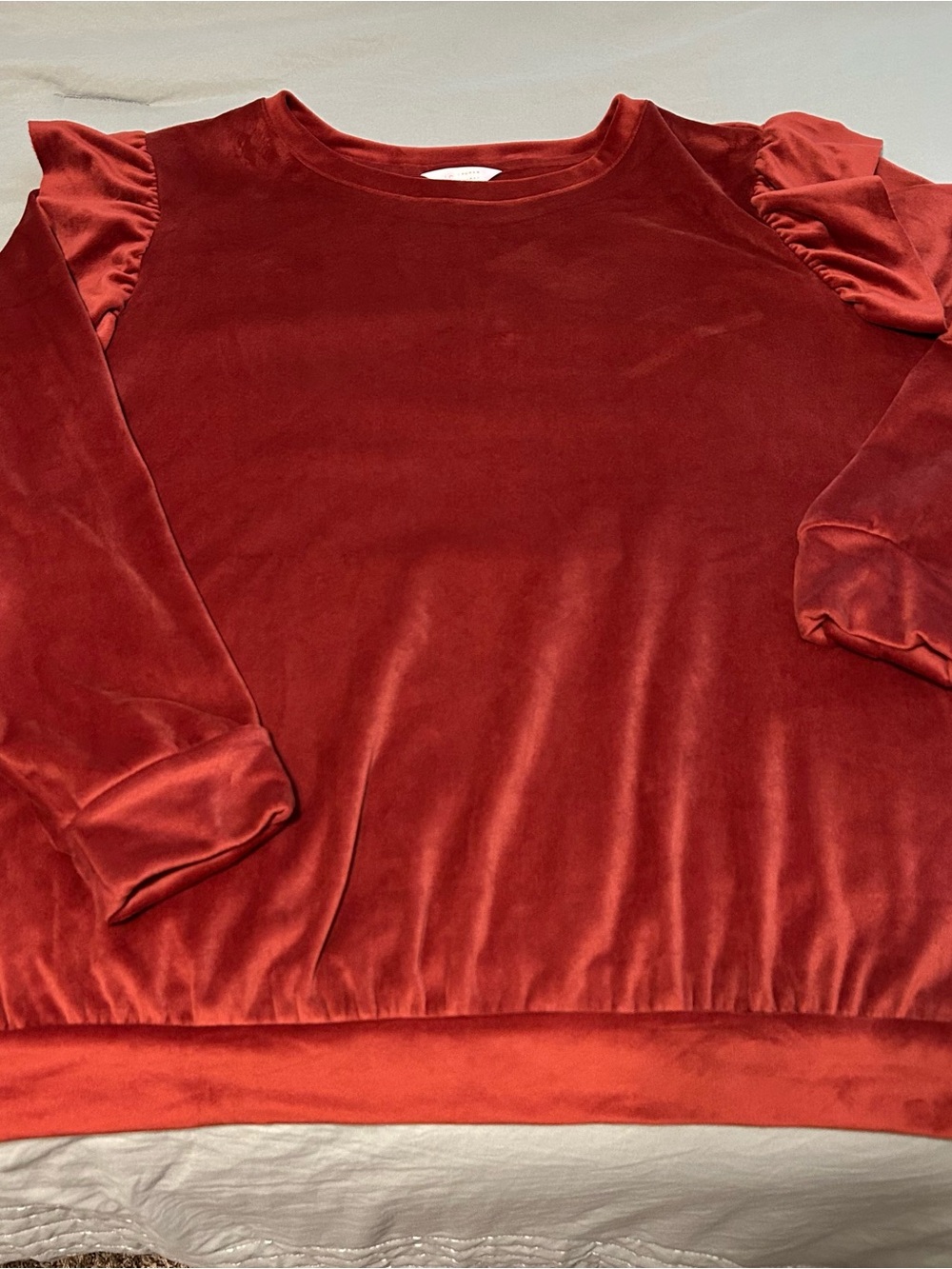 Women's Velour Long-Sleeve Top with Ruffle Shoulders - Rust